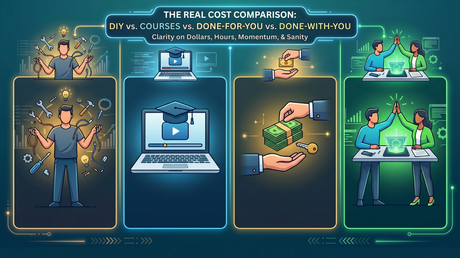 The Real Cost Comparison: DIY vs. Courses vs. Done-For-You vs. Done-With-You